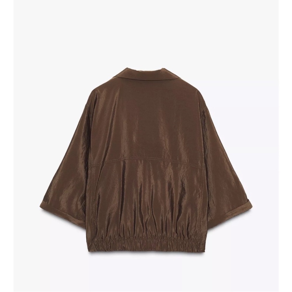 ZARA SHORT SLEEVE SAFARI SHIRT L toffee brown nylon shirt jacket - Picture 4 of 6